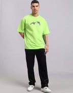 Genz-Classic Men's Neon Green Oversized Orca Graphic Print Cotton T-Shirt
