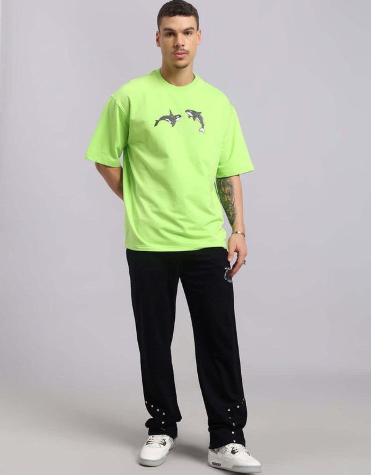 Genz-Classic Men's Neon Green Oversized Orca Graphic Print Cotton T-Shirt