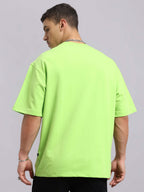 Genz-Classic Men's Neon Green Oversized Orca Graphic Print Cotton T-Shirt