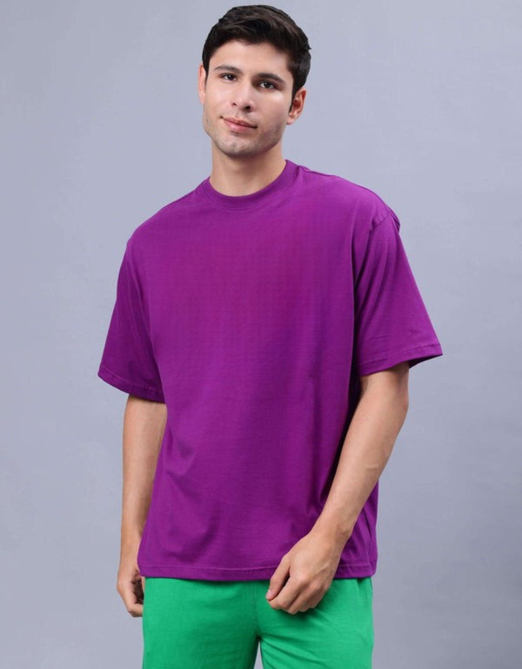 Genz-Classic Men's Purple Oversized Solid Cotton T-Shirt