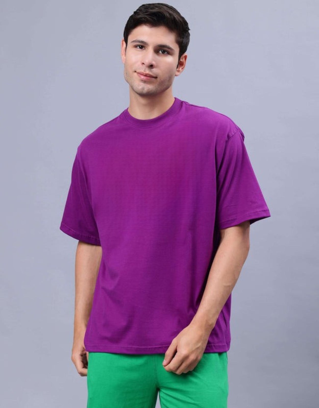 Genz-Classic Men's Purple Oversized Solid Cotton T-Shirt