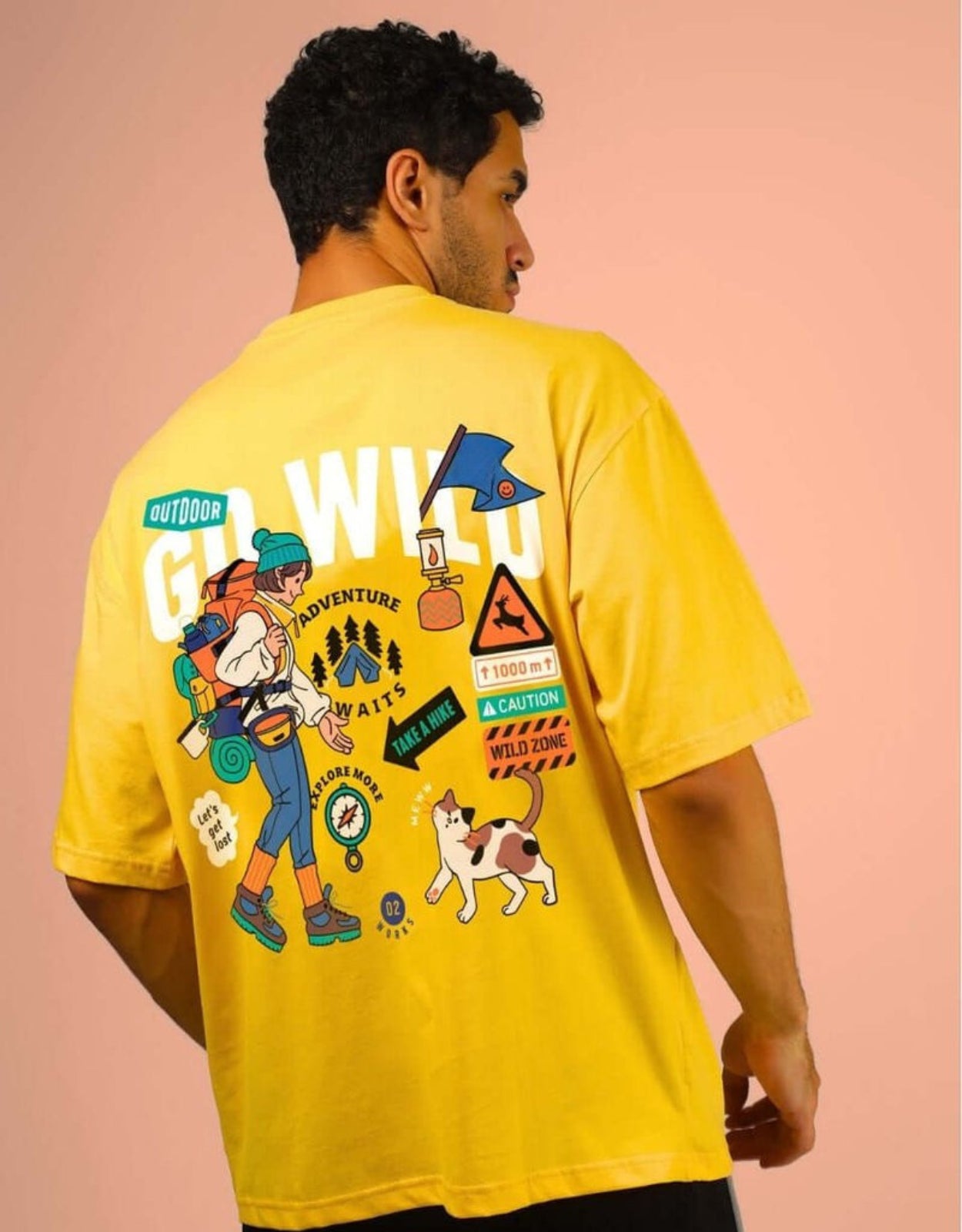 Genz-Classic Men's Yellow Oversized Outdoor Adventure Graphic Print Cotton T-Shirt