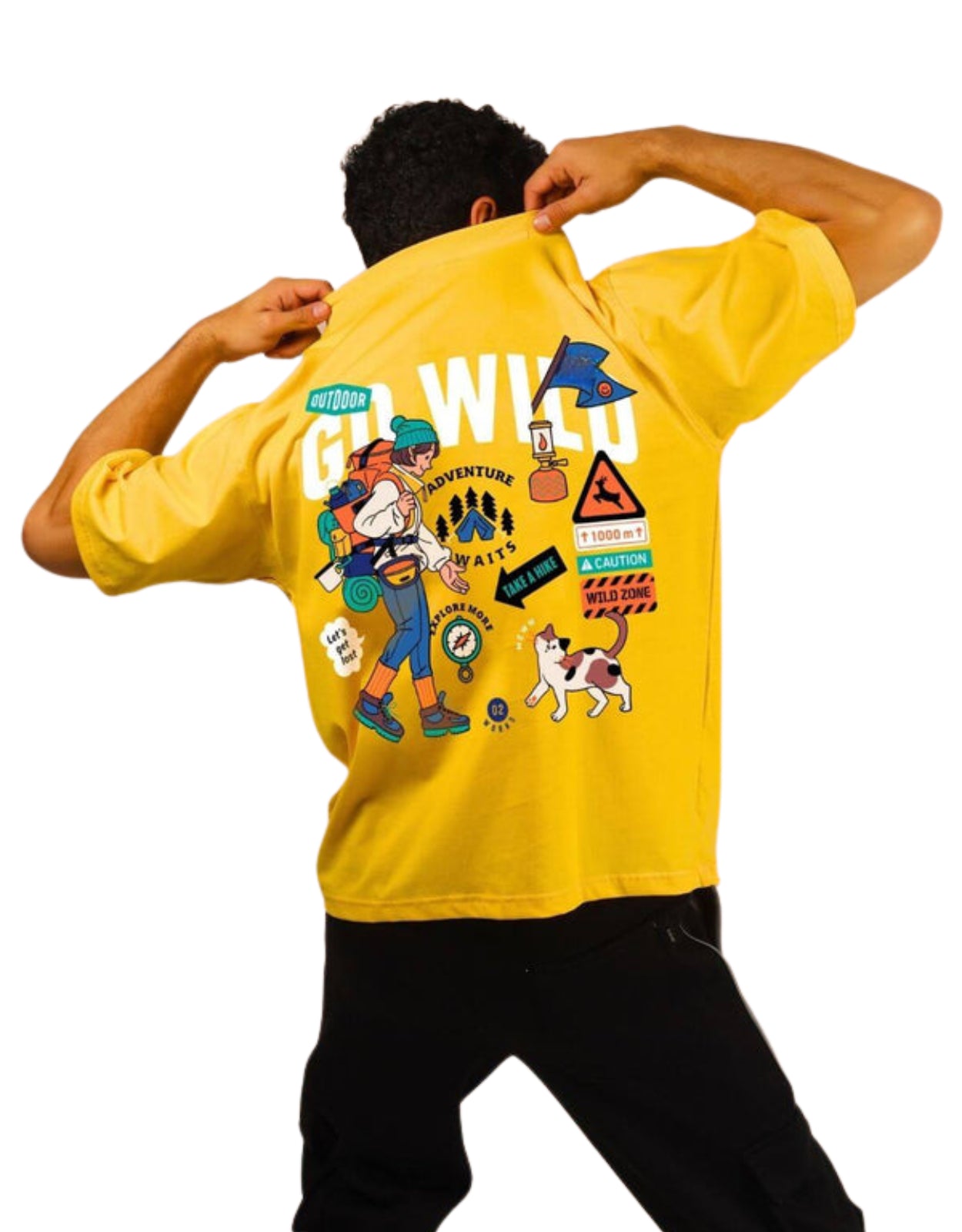 Genz-Classic Men's Yellow Oversized Outdoor Adventure Graphic Print Cotton T-Shirt