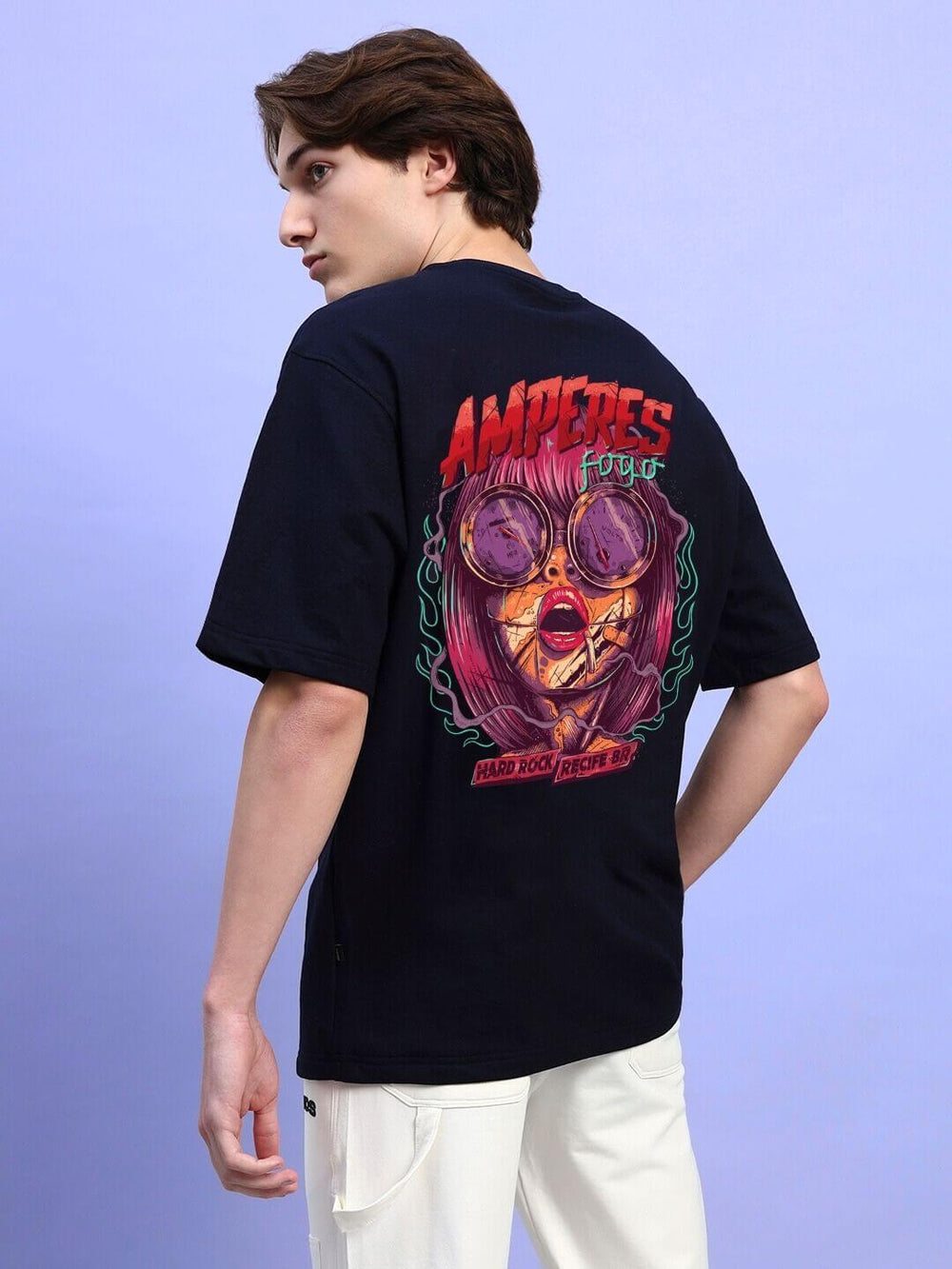 Genz-Classic Men's Black Oversized Vintage Rock Graphic Printed Cotton T-Shirt