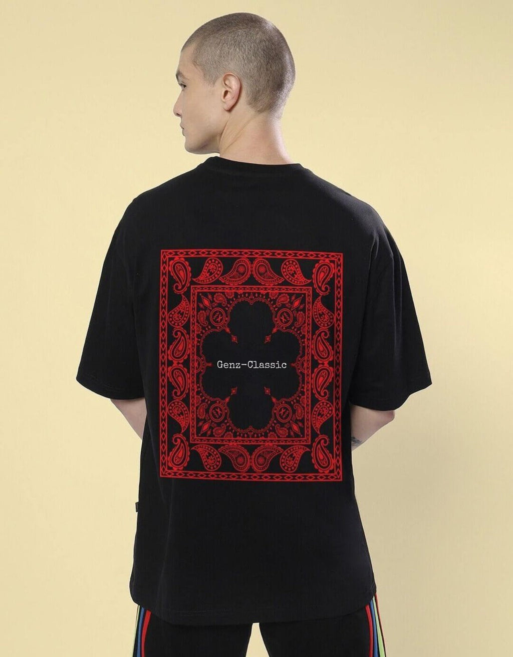 Genz-Classic Men's Black Oversized Bandana Graphic Print Cotton T-Shirt