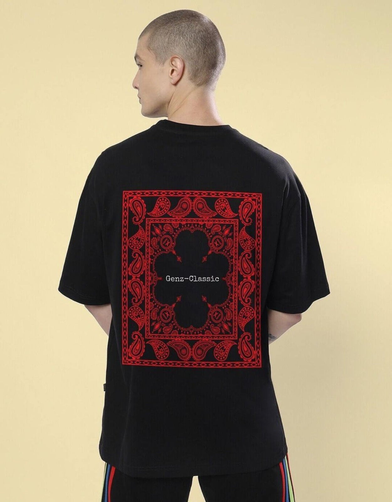 Genz-Classic Men's Black Oversized Bandana Graphic Print Cotton T-Shirt