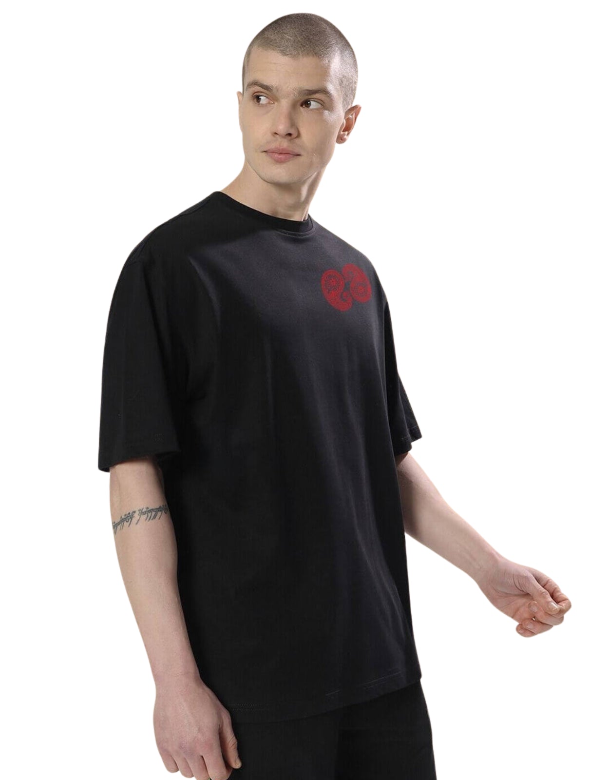 Genz-Classic Men's Black Oversized Bandana Graphic Print Cotton T-Shirt