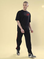 Genz-Classic Men's Black Oversized Bandana Graphic Print Cotton T-Shirt