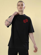 Genz-Classic Men's Black Oversized Bandana Graphic Print Cotton T-Shirt