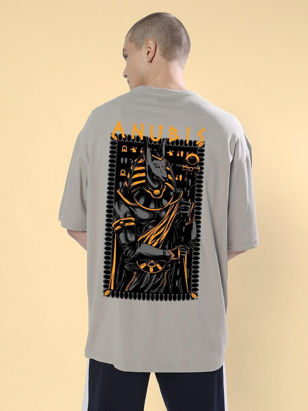 Genz-Classic Men's Stone Grey Oversized Anubis Graphic Print Cotton T-Shirt