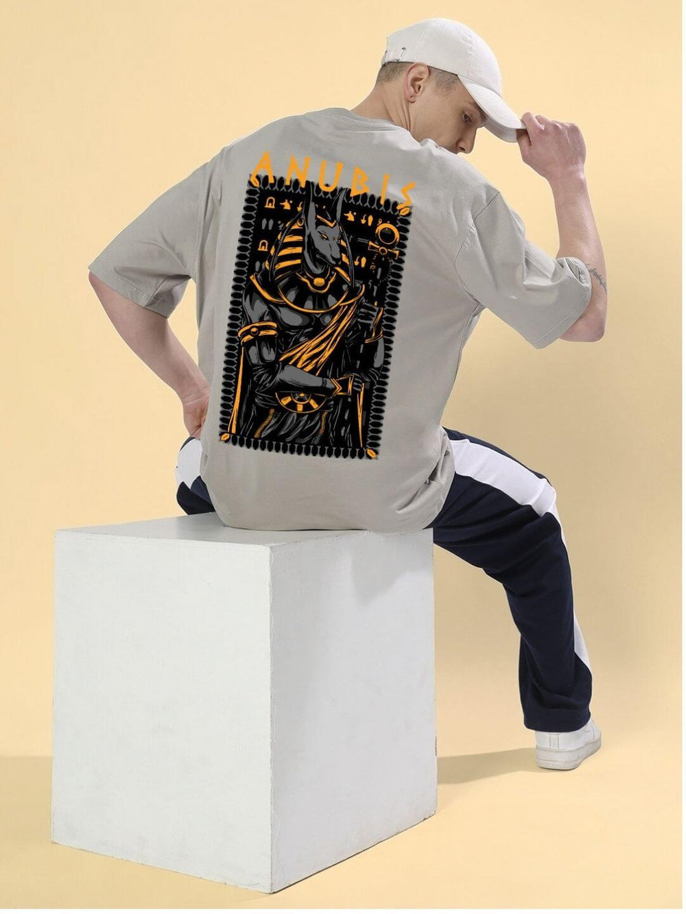 Genz-Classic Men's Stone Grey Oversized Anubis Graphic Print Cotton T-Shirt