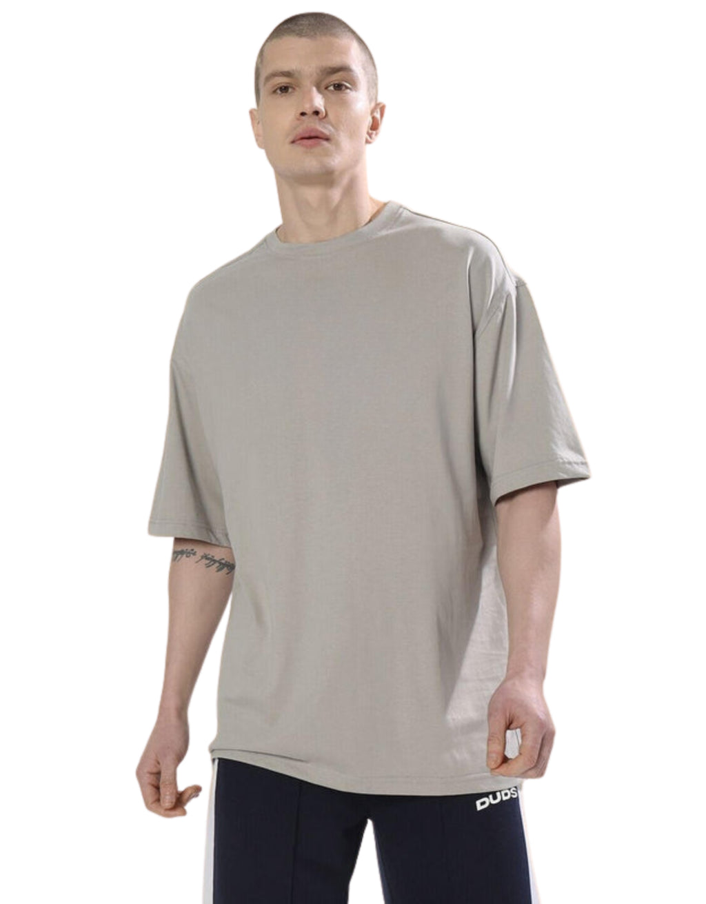 Genz-Classic Men's Stone Grey Oversized Anubis Graphic Print Cotton T-Shirt