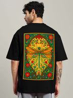 Genz-Classic Men's Black Oversized Back Dragonfly Floral Graphic Printed Cotton T-Shirt