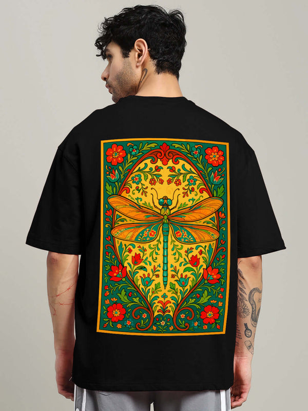 Genz-Classic Men's Black Oversized Back Dragonfly Floral Graphic Printed Cotton T-Shirt