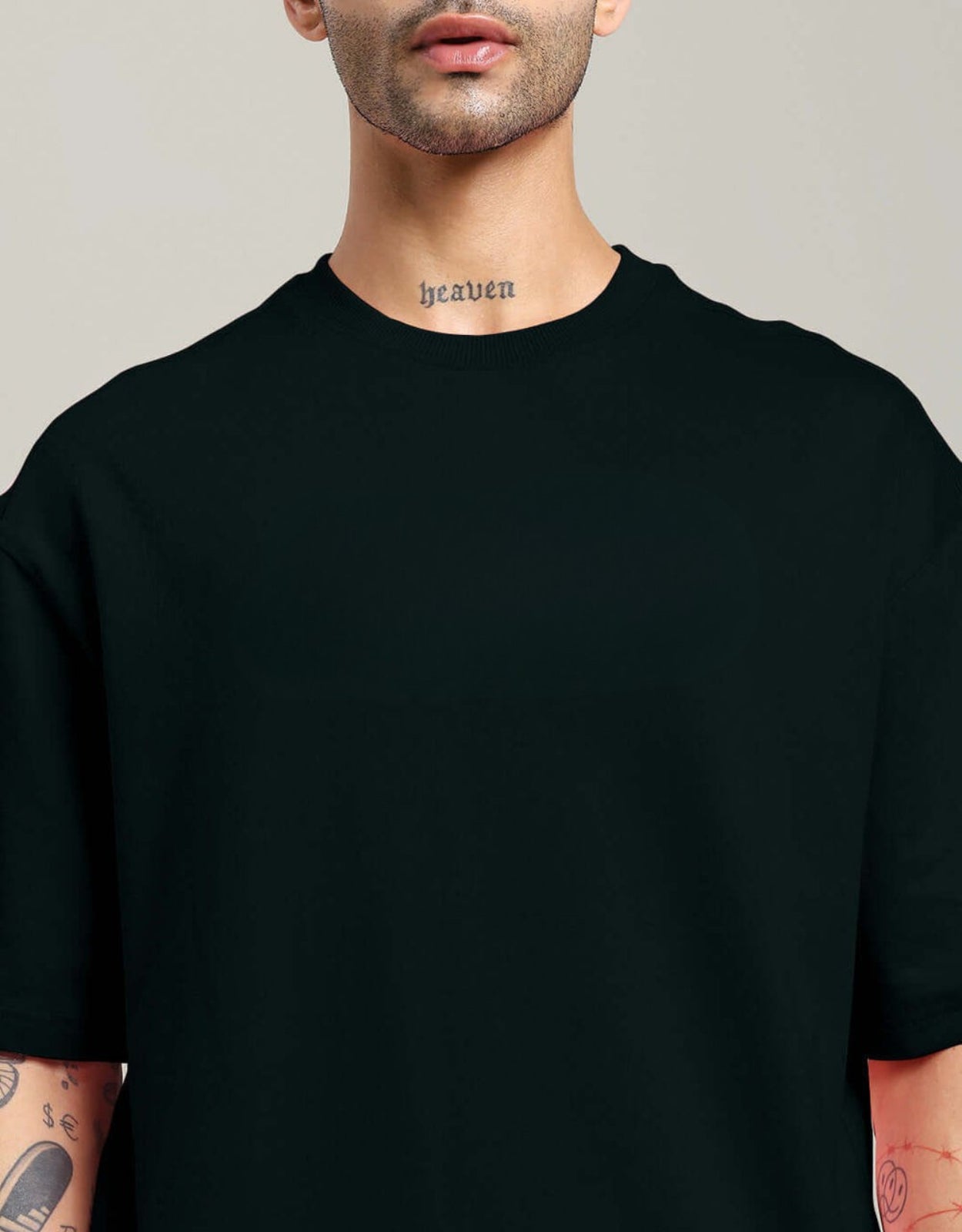Genz-Classic Men's Black Oversized Back Dragonfly Floral Graphic Printed Cotton T-Shirt