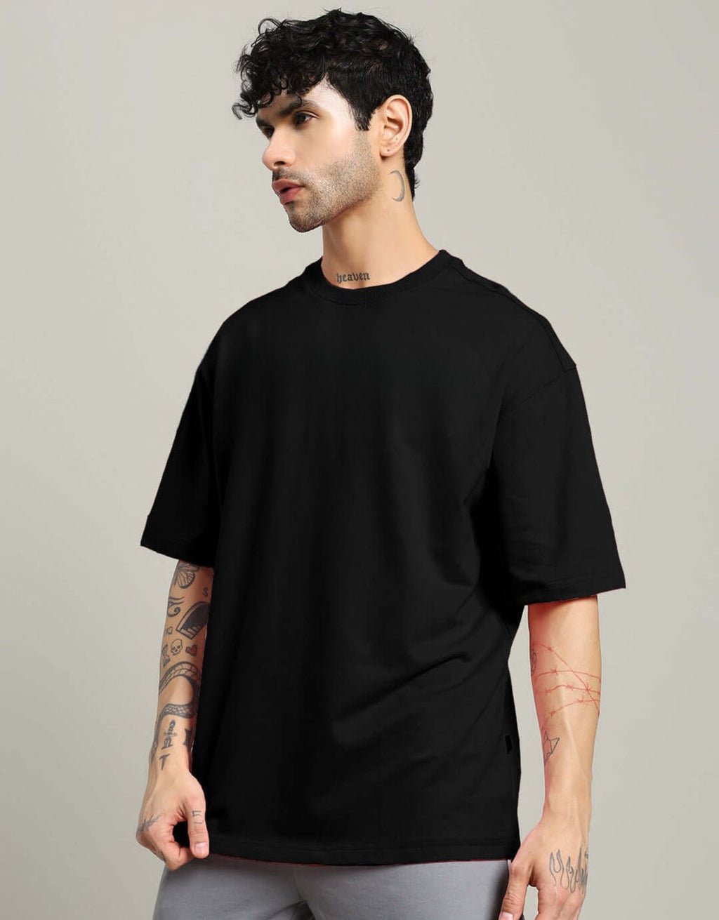 Genz-Classic Men's Black Oversized Back Dragonfly Floral Graphic Printed Cotton T-Shirt