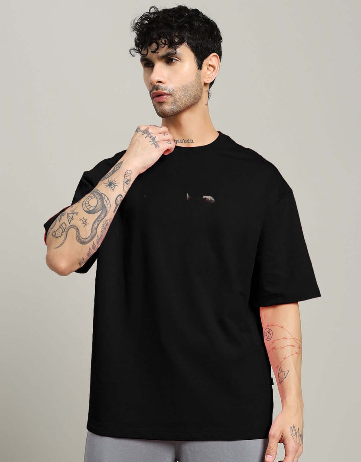 Genz-Classic Men's Black Oversized Back Dragonfly Floral Graphic Printed Cotton T-Shirt