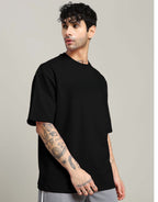 Genz-Classic Men's Black Oversized Back Dragonfly Floral Graphic Printed Cotton T-Shirt