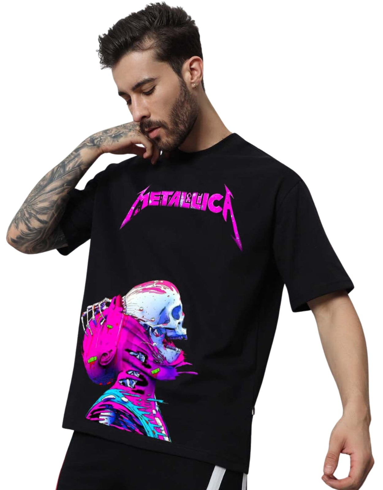 Genz-Classic Men's Black Oversized Skull Graphic Printed Cotton T-Shirt