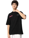 Genz-Classic Men's Black Oversized 404 Human Not Found Graphic Print Cotton T-Shirt