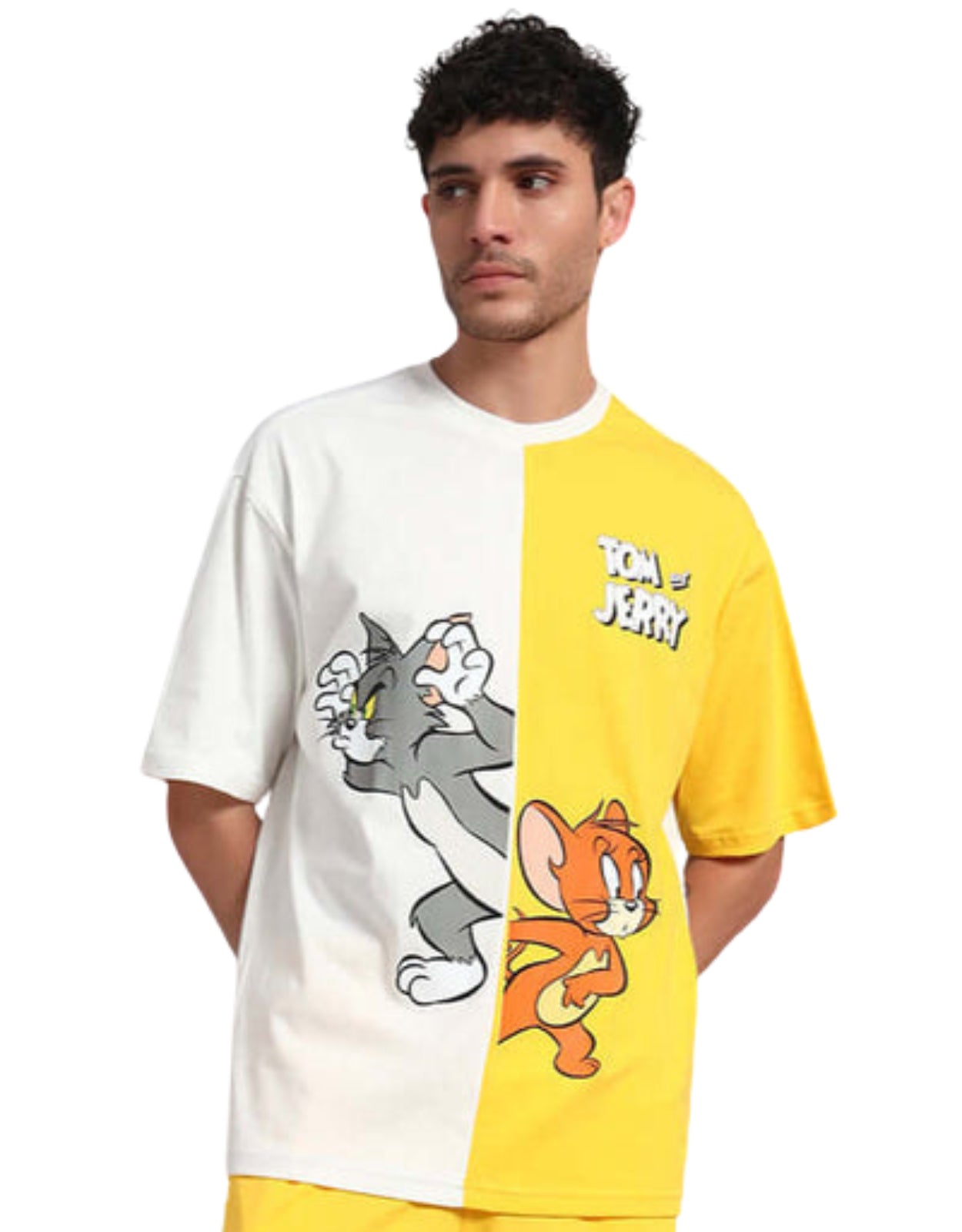 Genz-Classic Men's White & Yellow Tom and Jerry Color Block Oversized Cotton T-Shirt