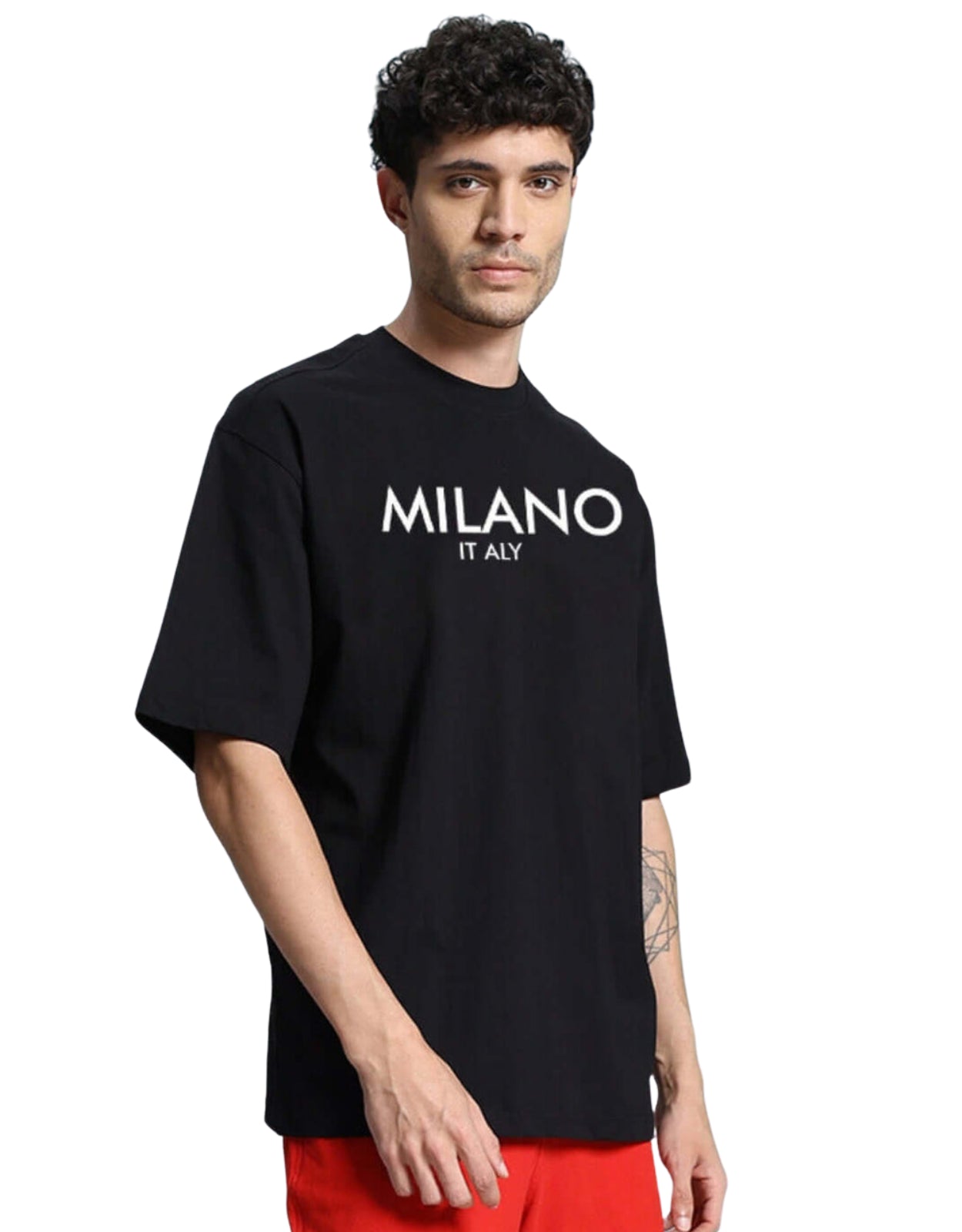 Genz-Classic Men's Black Oversized Milano Typography Cotton T-Shirt