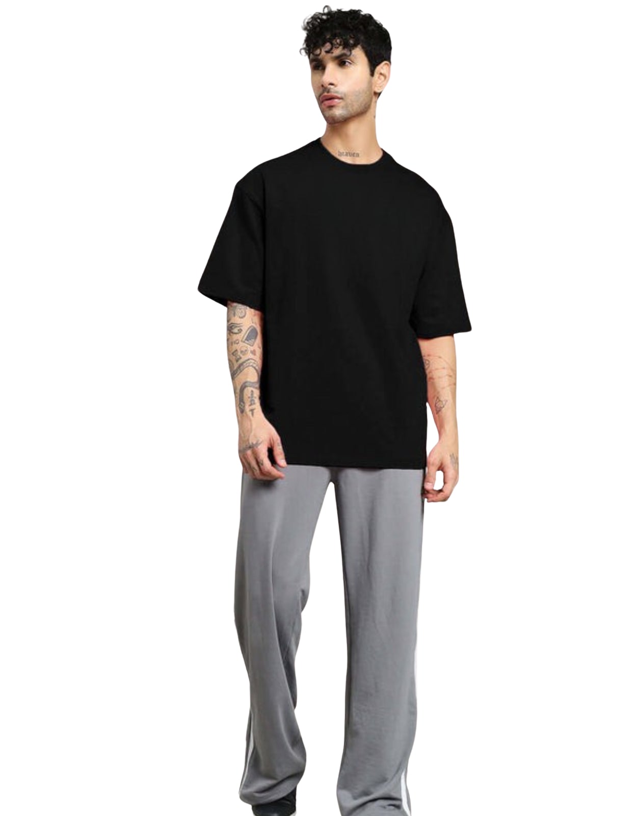 Genz-Classic Men's Black Oversized Back Dragonfly Floral Graphic Printed Cotton T-Shirt