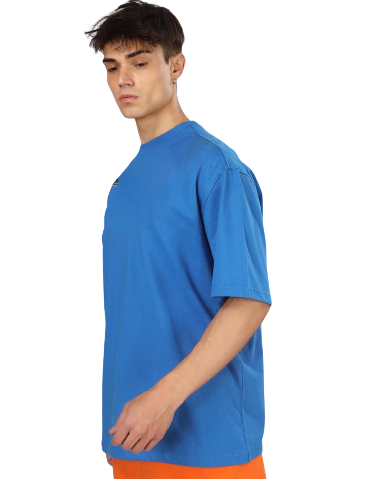 Genz-Classic Men's Blue Oversized Back Shark Astronaut Graphic Printed Cotton T-Shirt