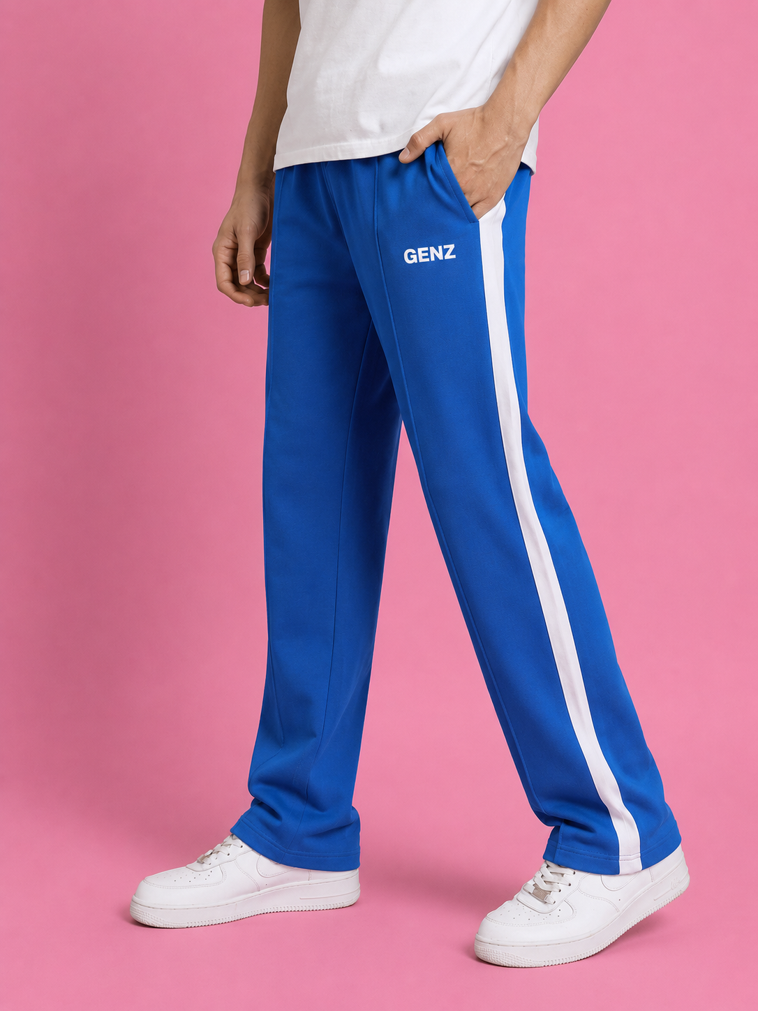 Genzclassic Men's Straight Fit Track Pants with Side Stripe | Premium Athleisure Trouser | Electric Blue & White