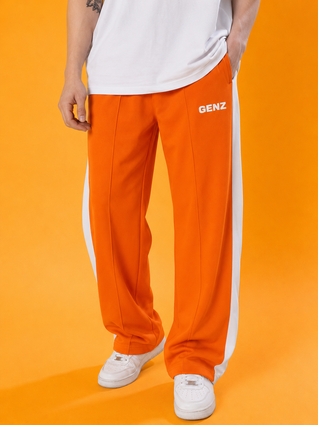Genzclassic Men's Wide Leg Track Pants with Side Panels | Relaxed Fit Athleisure Trouser | Orange & White