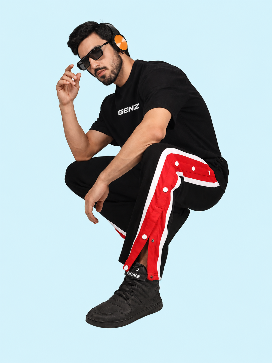 Genzclassic Men's Black Cotton Track Pants with Red & White Side Stripe | Regular Fit Joggers | Casual, Gym & Sports Wear