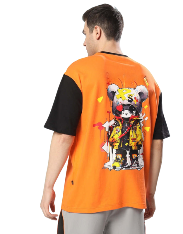 Genz-Classic Men's Orange & Black Oversized Panda Graphic Print Cotton T-Shirt