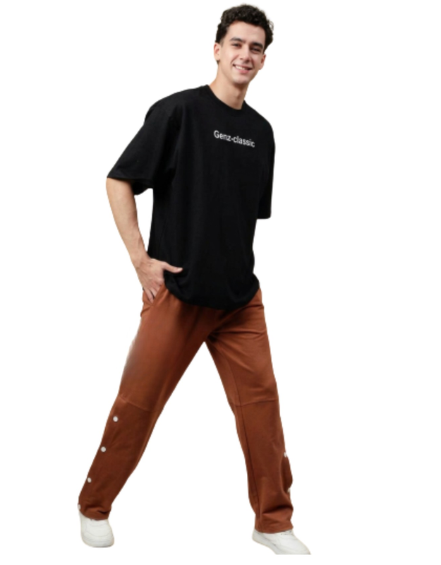 Genz-Classic Men's Black Sonic Hand Graphic Oversized Cotton T-Shirt