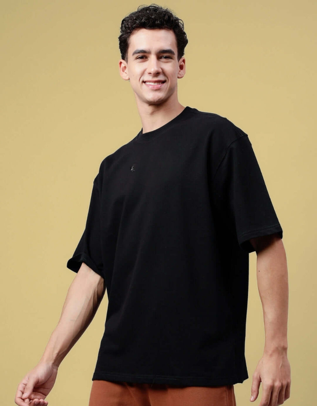 Genz-Classic Men's Black Sonic Hand Graphic Oversized Cotton T-Shirt