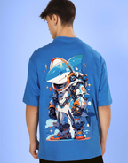 Genz-Classic Men's Blue Oversized Back Shark Astronaut Graphic Printed Cotton T-Shirt