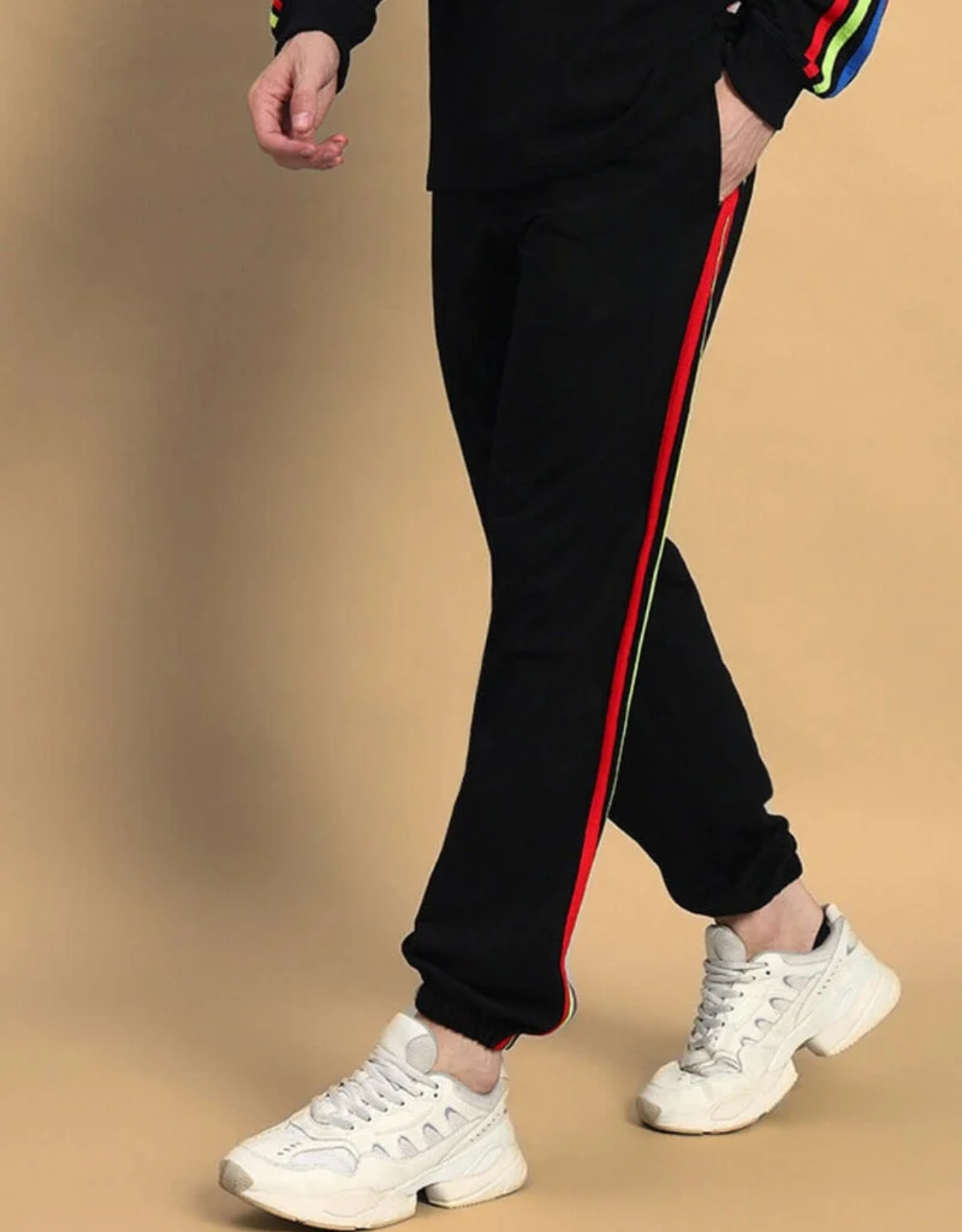 Genz-classic Men's Cotton Jogger Track Pants | Black with Multicolor Side Stripes | Ribbed Cuff | Casual Gym & Streetwear