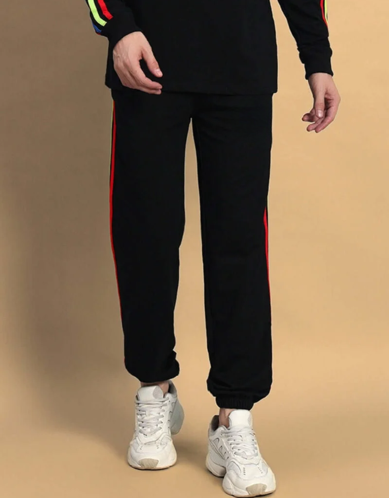 Genz-classic Men's Cotton Jogger Track Pants | Black with Multicolor Side Stripes | Ribbed Cuff | Casual Gym & Streetwear