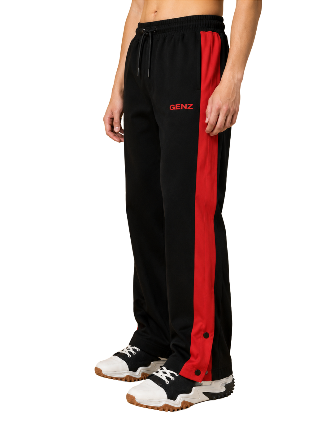 Genzclassic Men's Snap Button Track Pants with Contrast Side Panel | Athletic Fit Athleisure Trouser | Black & Red