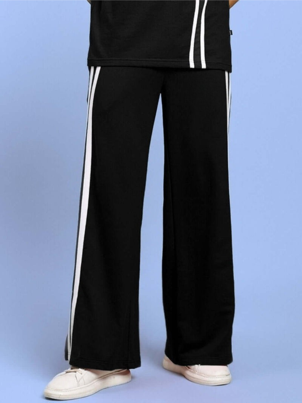 Genzclassic Men's Wide Leg Track Pants with Side Stripes & Zipper Hem | Premium Athleisure Trouser | Black & White