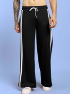 Genzclassic Men's Wide Leg Track Pants with Side Stripes & Zipper Hem | Premium Athleisure Trouser | Black & White