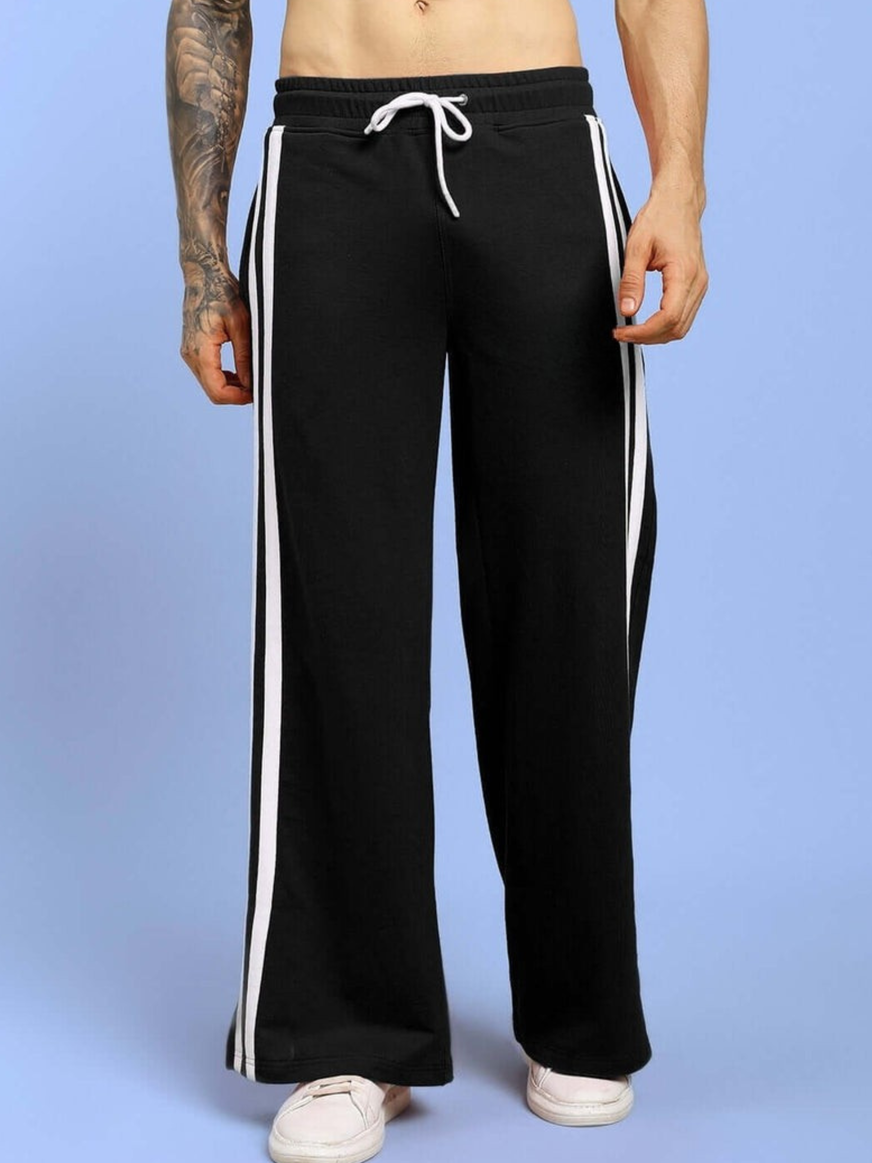Genzclassic Men's Wide Leg Track Pants with Side Stripes & Zipper Hem | Premium Athleisure Trouser | Black & White