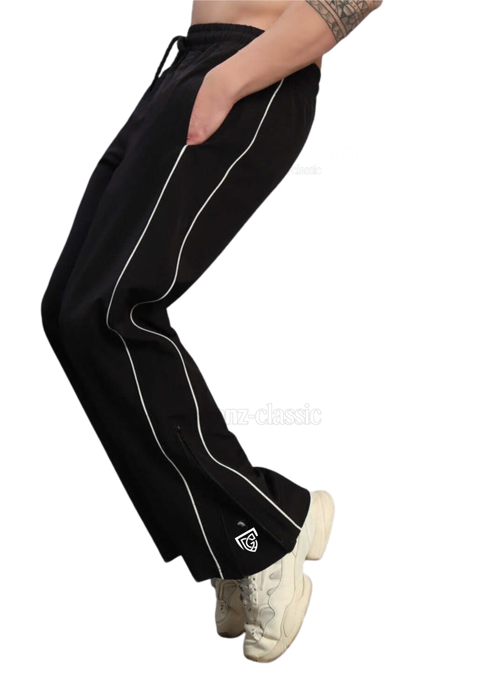 Genzclassic Men's Wide Leg Track Pants with Contrast Piping | Relaxed Fit Athleisure Trouser | Black