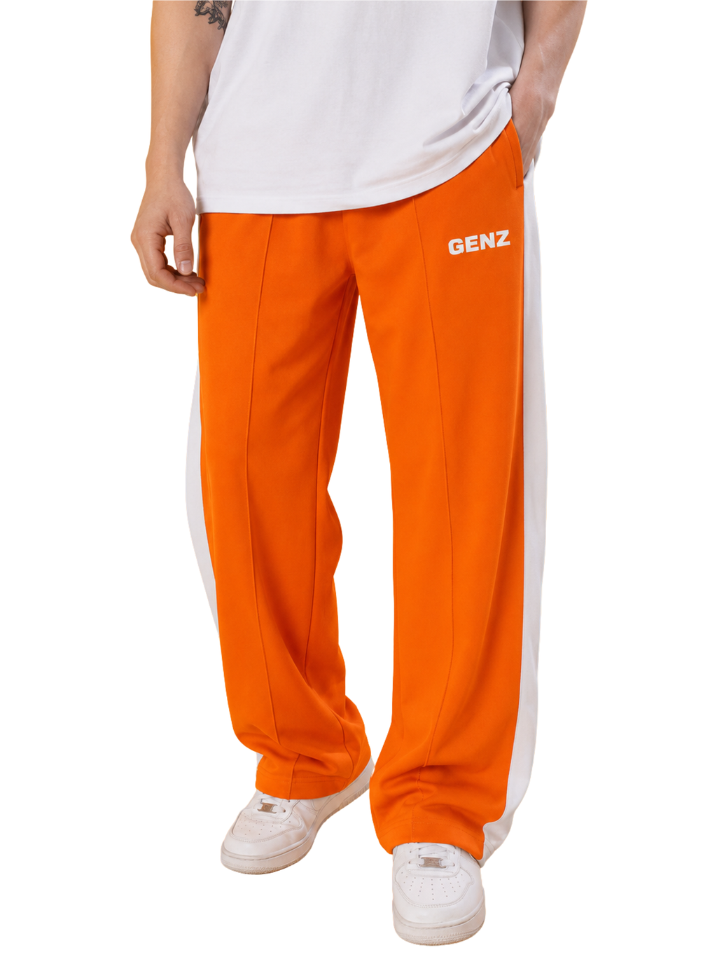 Genzclassic Men's Wide Leg Track Pants with Side Panels | Relaxed Fit Athleisure Trouser | Orange & White