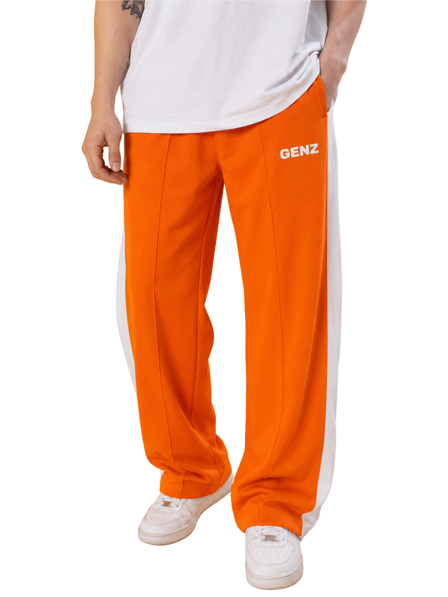 Genzclassic Men's Wide Leg Track Pants with Side Panels | Relaxed Fit Athleisure Trouser | Orange & White