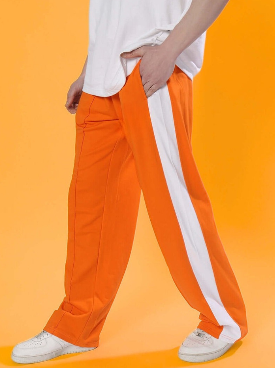 Genzclassic Men's Wide Leg Track Pants with Side Panels | Relaxed Fit Athleisure Trouser | Orange & White