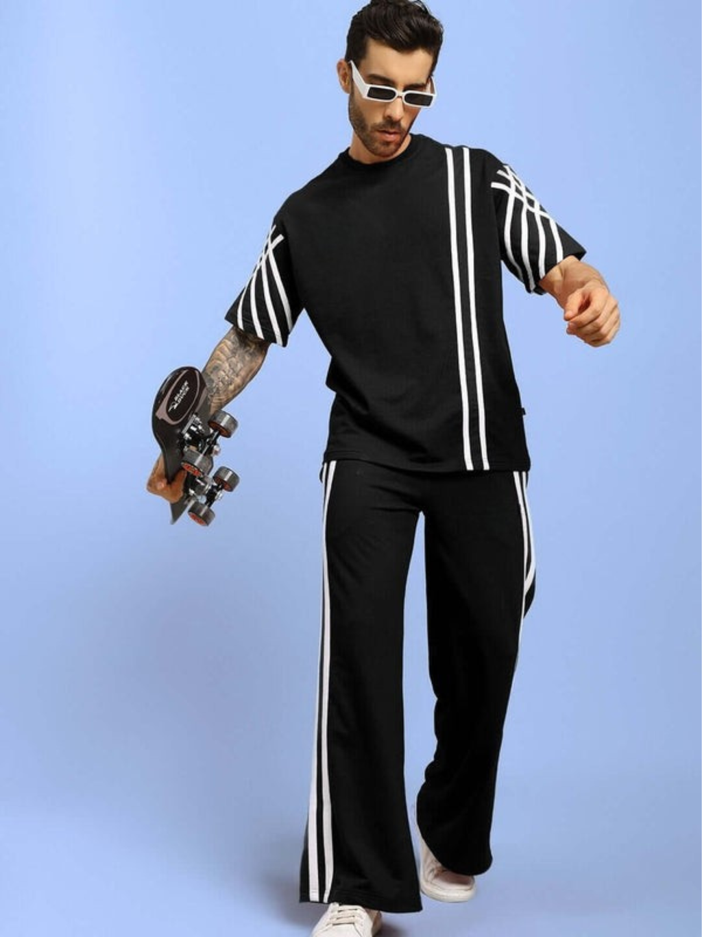 Genzclassic Men's Wide Leg Track Pants with Side Stripes & Zipper Hem | Premium Athleisure Trouser | Black & White
