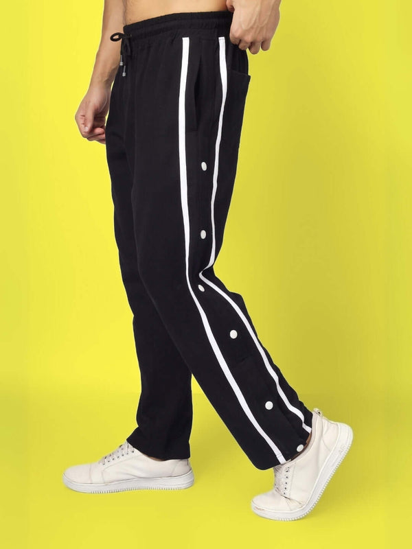 Genzclassic Men's Snap Button Track Pants with Side Stripe | Athletic Fit Athleisure Trouser | Black & White