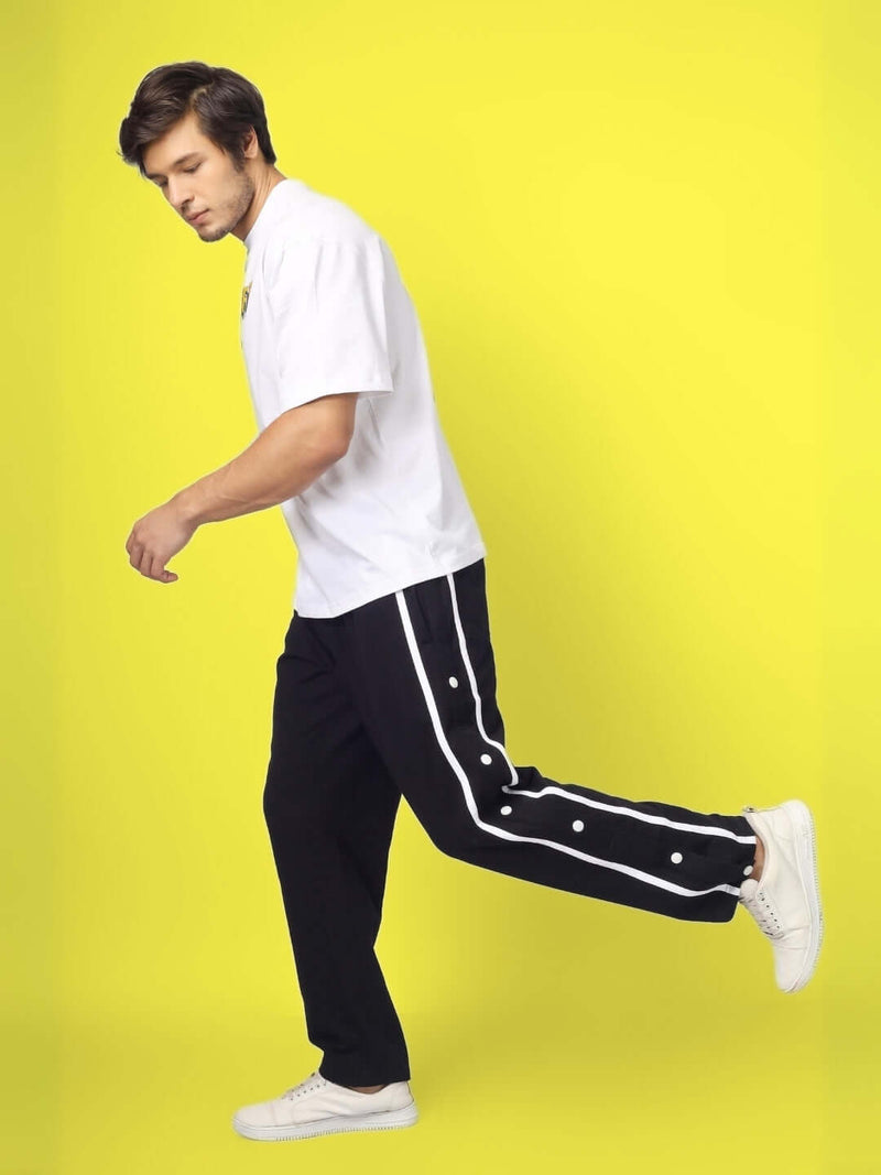 Genzclassic Men's Snap Button Track Pants with Side Stripe | Athletic Fit Athleisure Trouser | Black & White