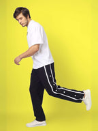 Genzclassic Men's Snap Button Track Pants with Side Stripe | Athletic Fit Athleisure Trouser | Black & White