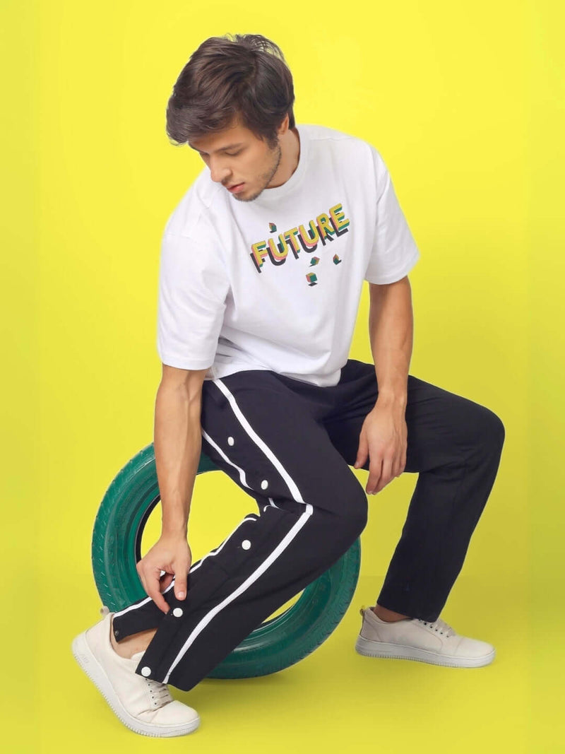 Genzclassic Men's Snap Button Track Pants with Side Stripe | Athletic Fit Athleisure Trouser | Black & White